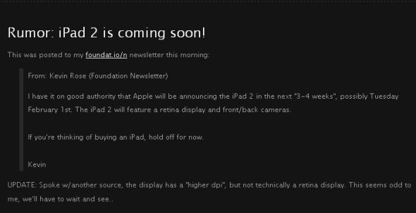 凯文·罗斯在博客透露iPad 2即将上市