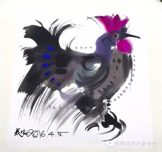 韩美林最新创作的水墨鸡作品图3