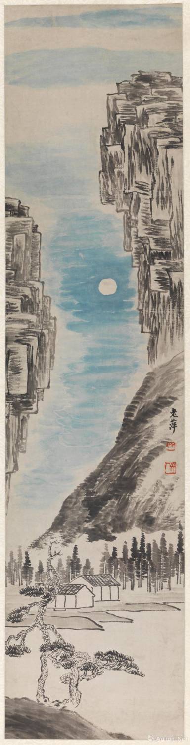 四季屏之三山水·秋 齐白石　纸本设色 轴 132x32cm 1919年 清华大学艺术博物馆藏