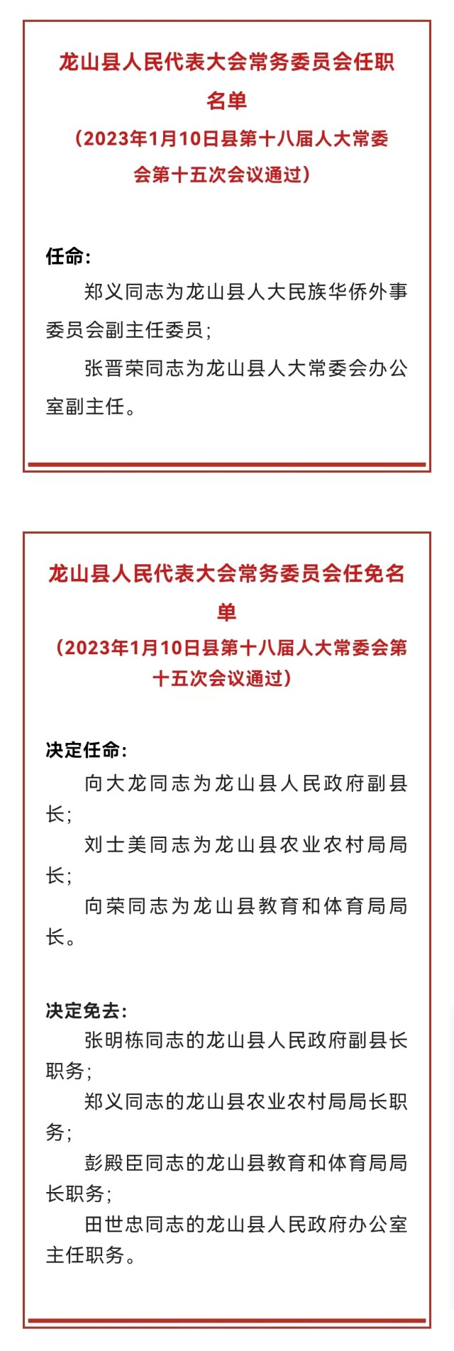 龙山县人民代表大会常务会员会任职名单