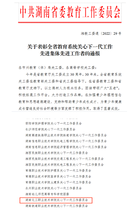 湖南化工职院关工委荣获全省教育系统关心下一代工作先进集体荣誉称号